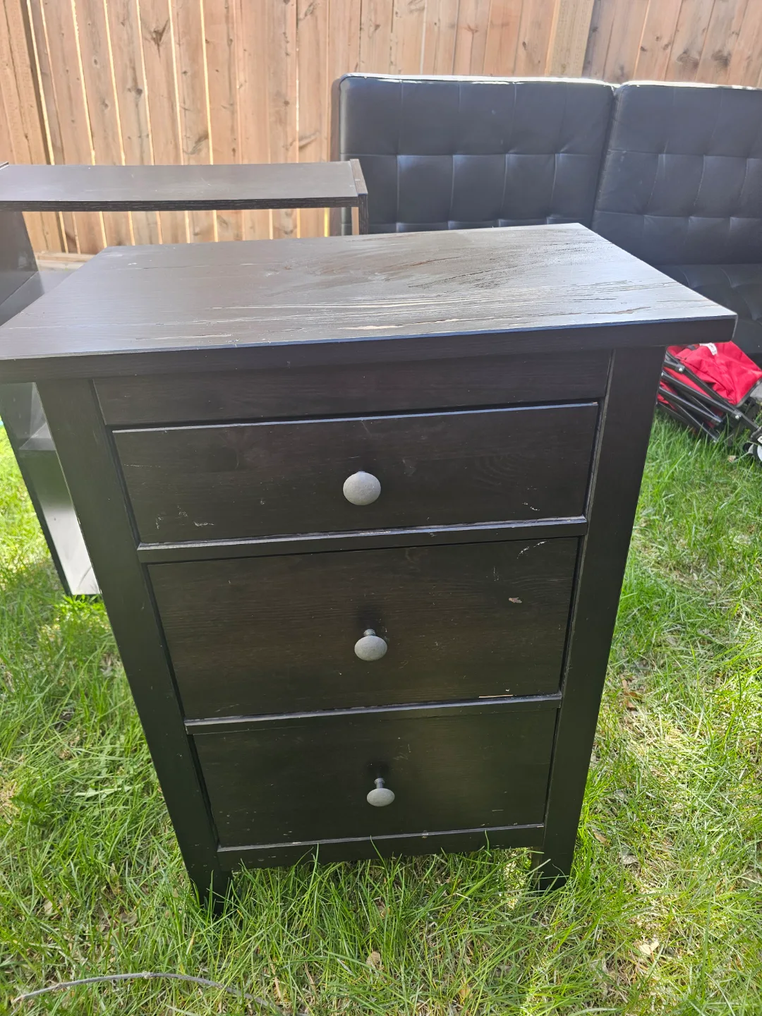 Moving sale! Ikea Three-Drawer Dark Wood Nightstand thumbnail