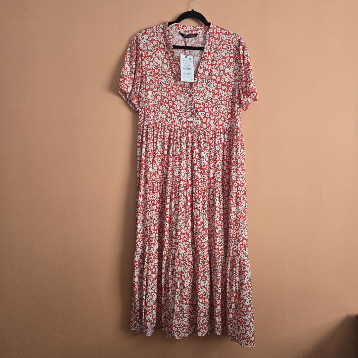 Zara Red and White Floral Midi Dress - Size Large