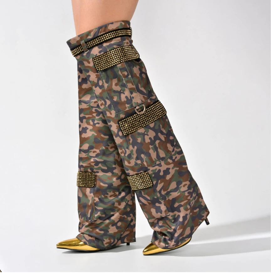 New!!! Camouflage Knee-High Boots with Gold Accents