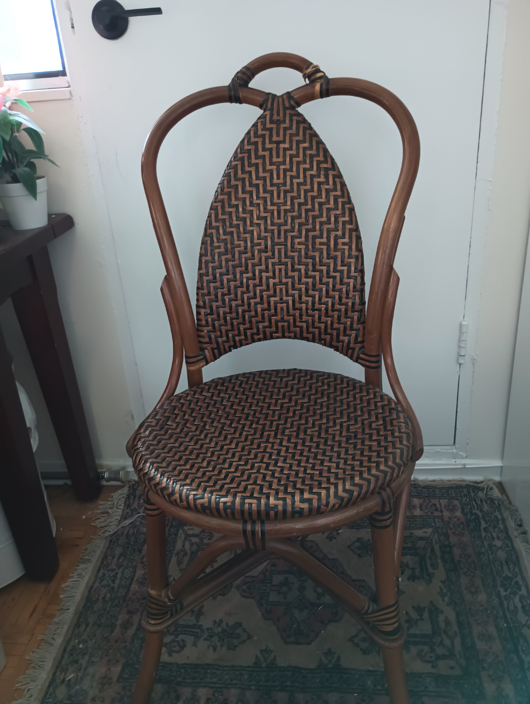 Unique Tightly Woven Small Scale Tan and Black Wicker  Chair