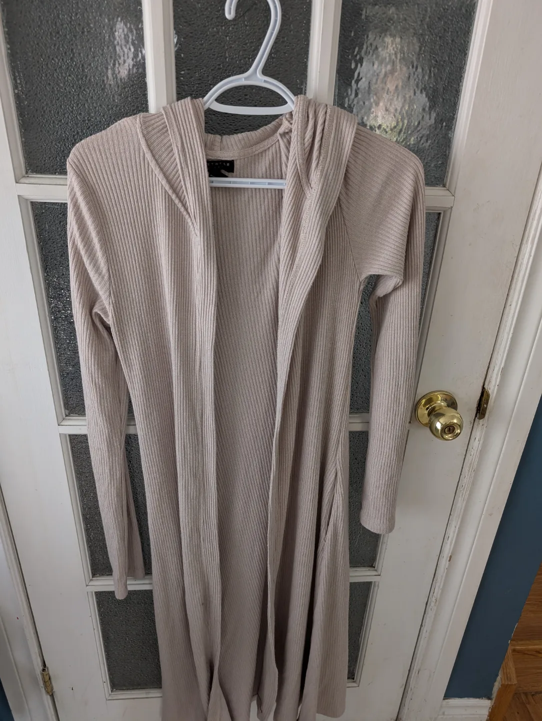 Long Beige Ribbed Knit Cardigan with Hood thumbnail