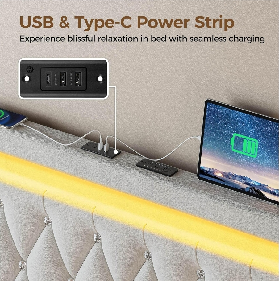 King Size Bed Frame with LED Lights and USB Ports - photo 5