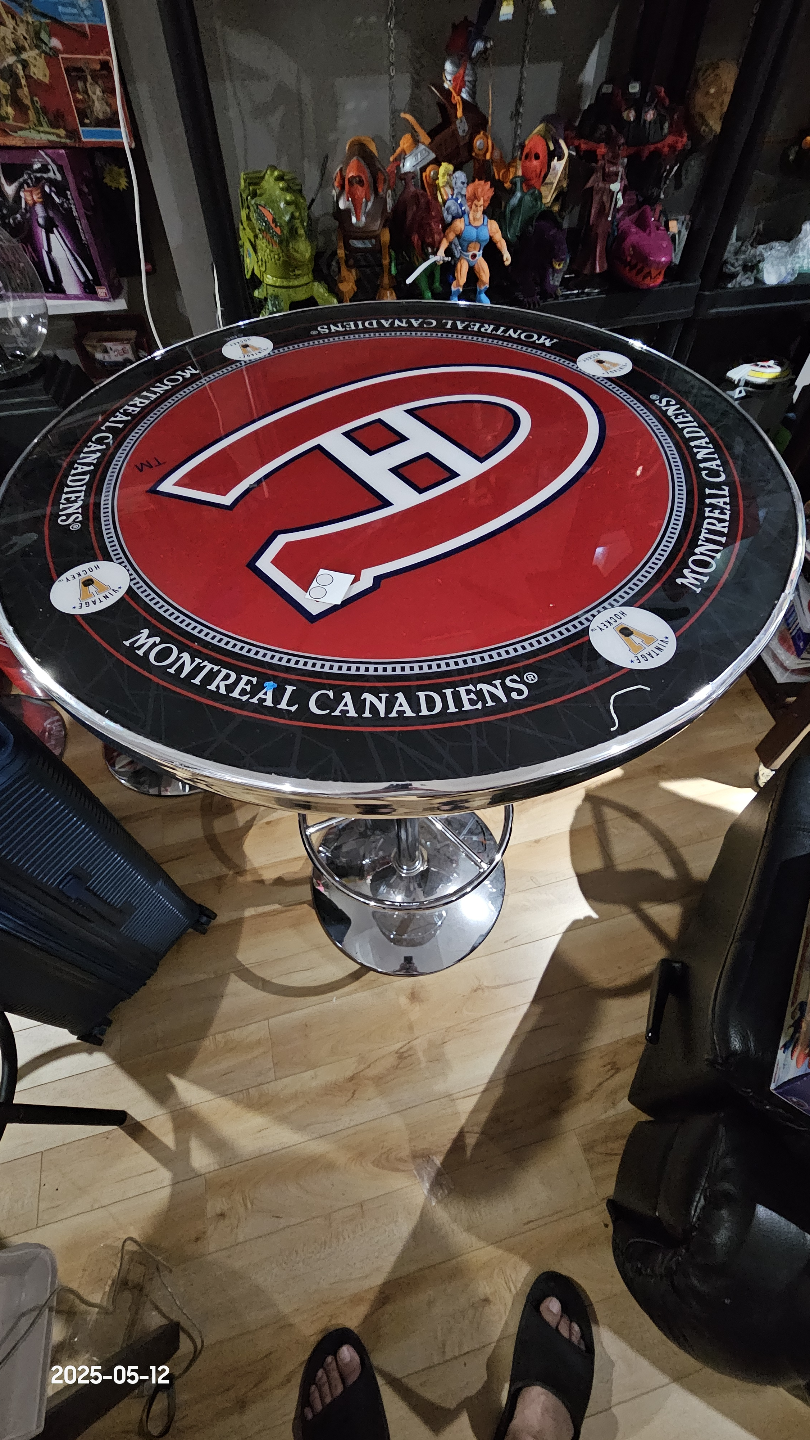 Pair of Brown Leather Bar Stools & Montreal Canadiens Pub Table