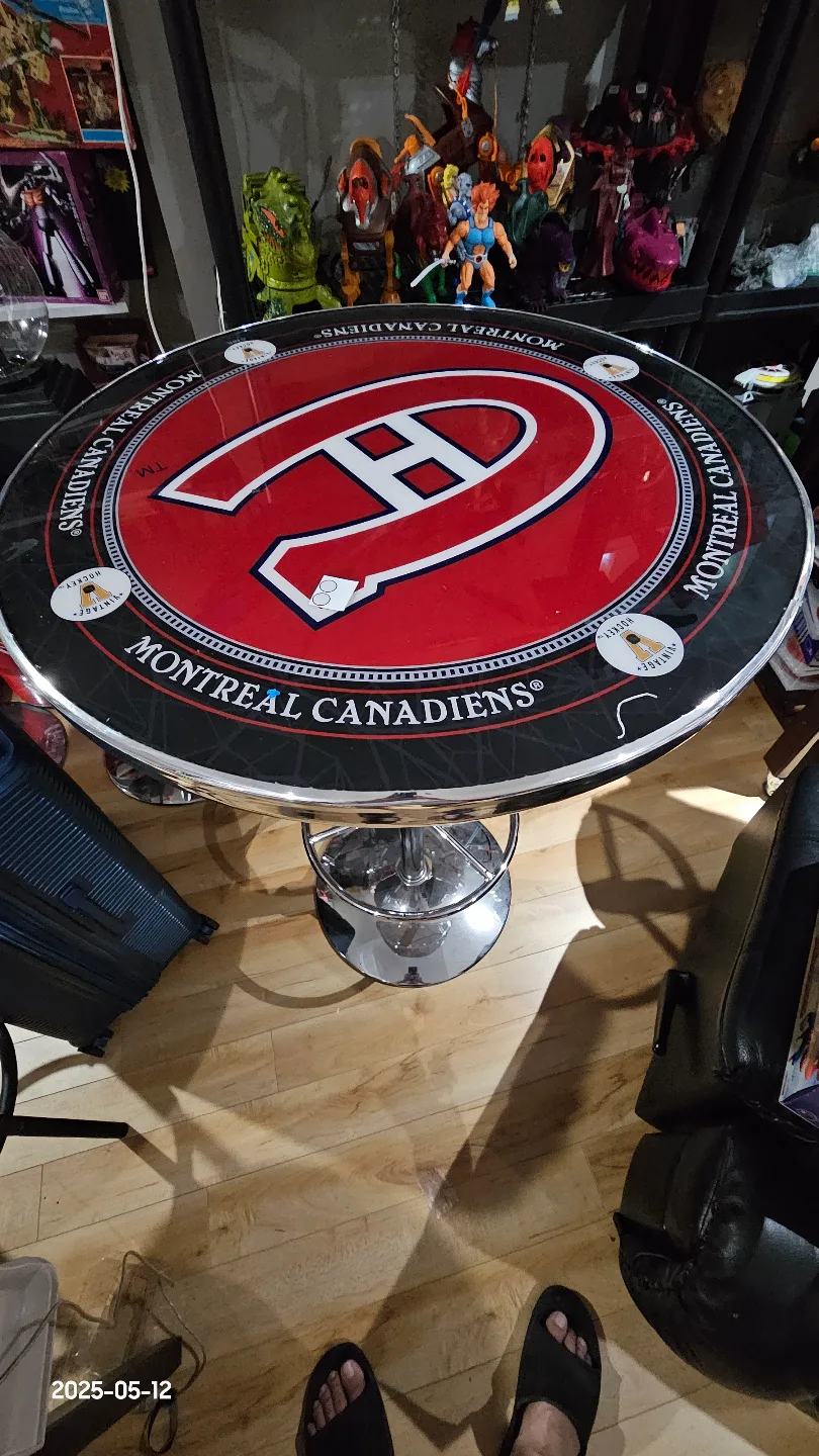Pair of Brown Leather Bar Stools & Montreal Canadiens Pub Table thumbnail