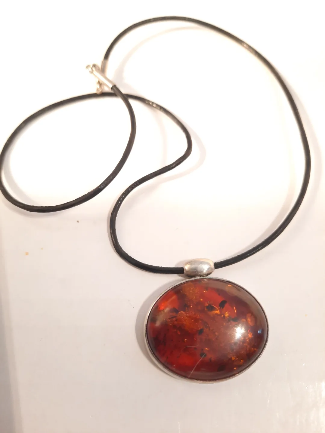 Amber Pendant Necklace, Sterling Silver 925,  Black Cord thumbnail