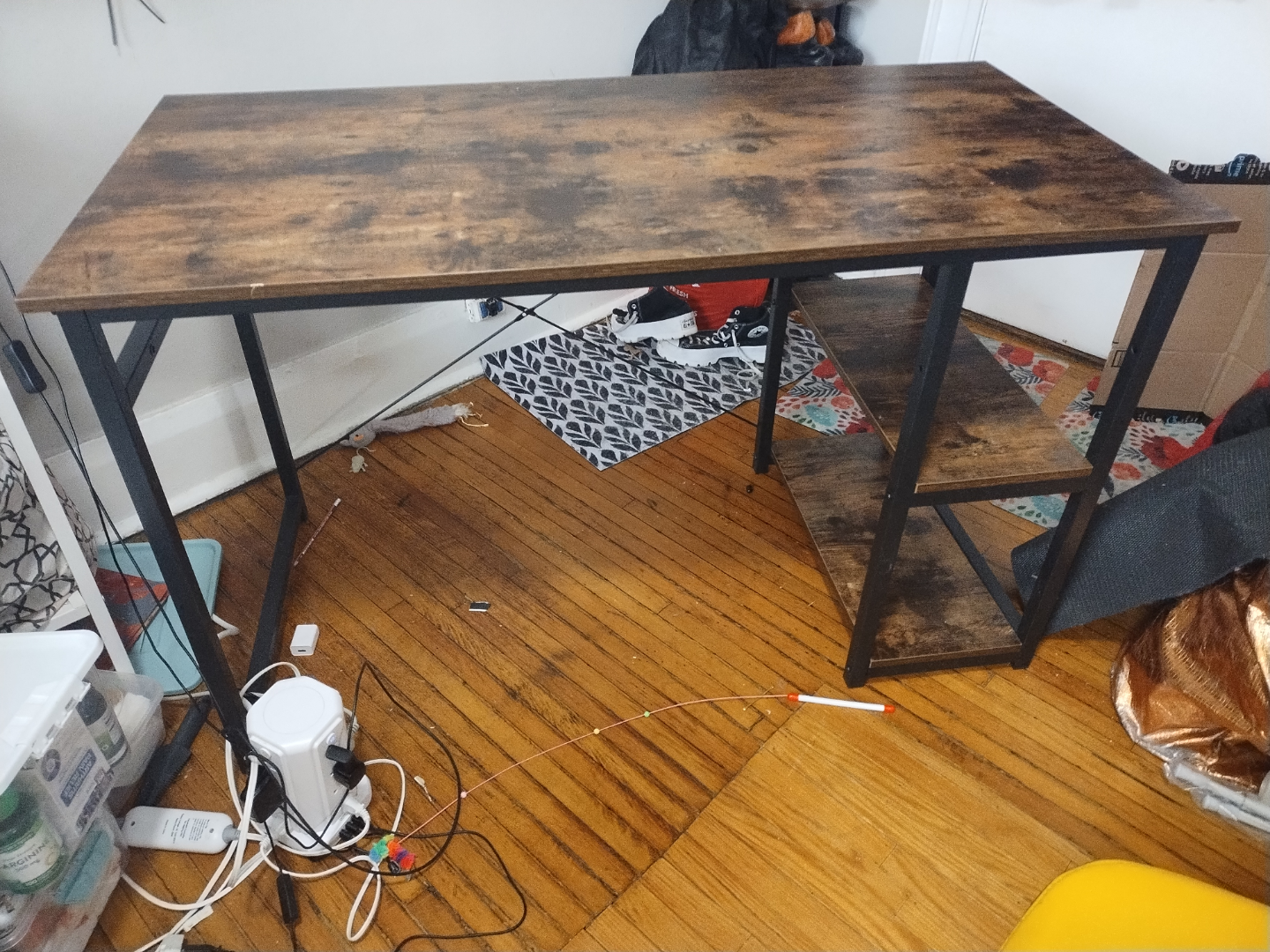 Rustic Brown Computer Desk with Metal Frame and Shelf - photo 2