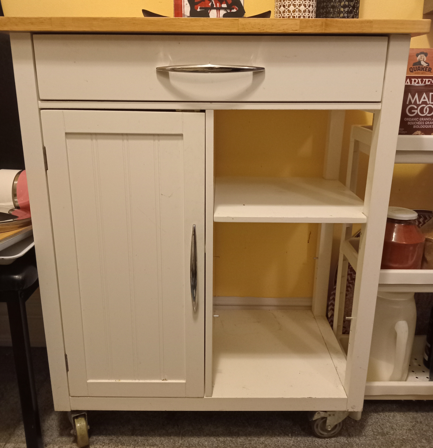 White Kitchen Cart with Butcher Block Top