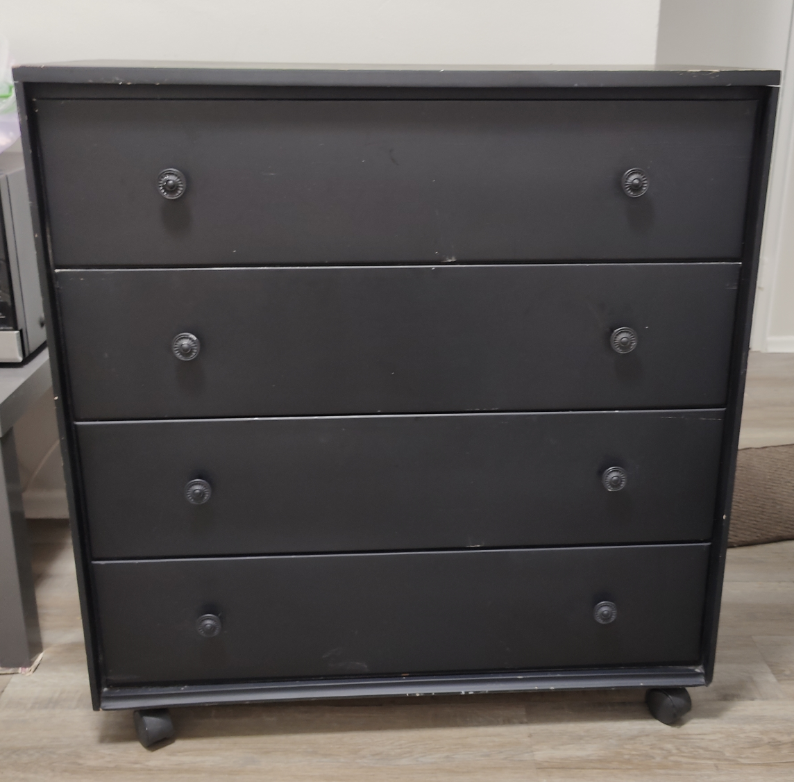 Solid Pine wood 4-Drawer Black Chest with metal knobs and wheels - photo 2