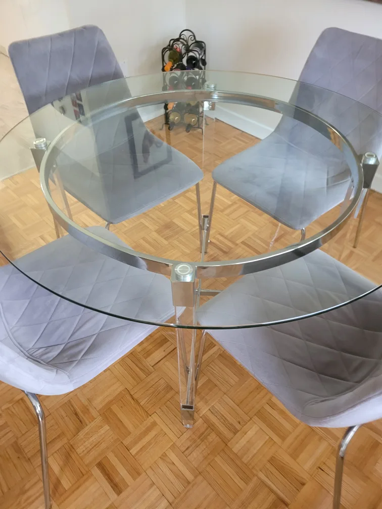 Glass Round Dining Table with 4 Grey Velvet Chairs thumbnail