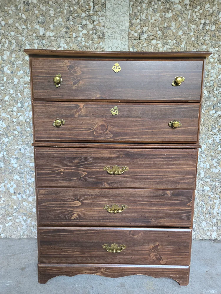 Retro 5 Drawer Tallboy Dresser With Brass Accents thumbnail