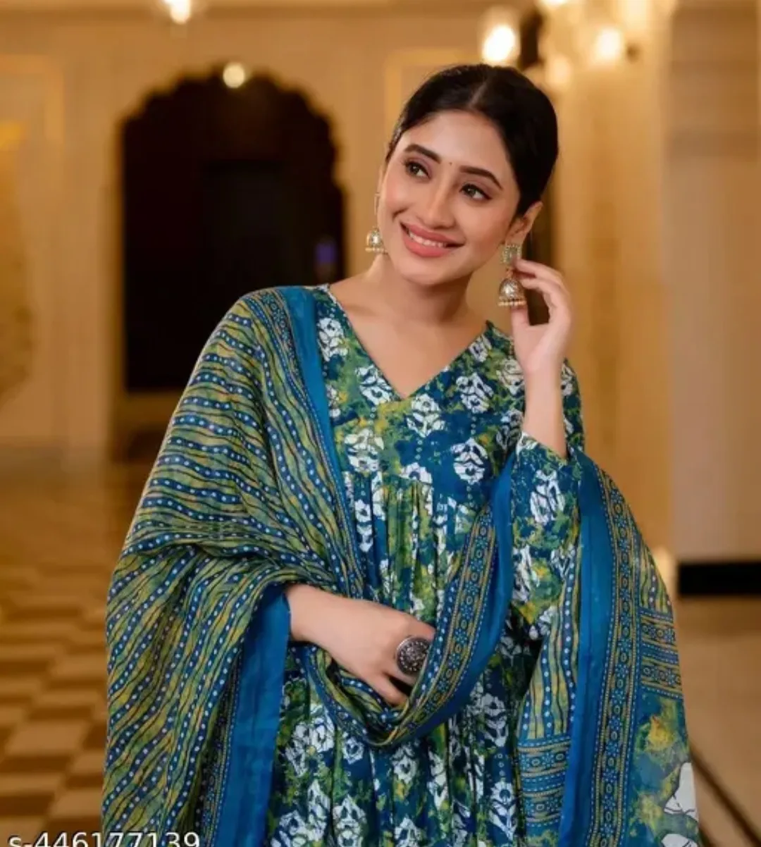 Blue Floral Print Anarkali Kurti with Dupatta & Pants image indicator(4)