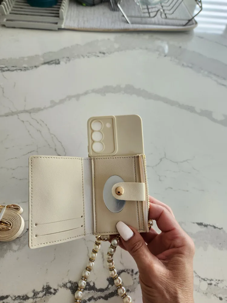 galaxys22 Beige Phone Case Wallet With Pearl Strap image indicator(3)