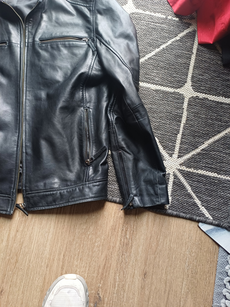 Black leather jacket, Shoes, Watch