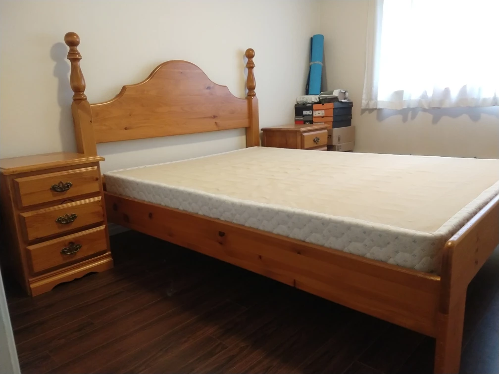 Wooden Bed Frame with Box and 2 Nightstands