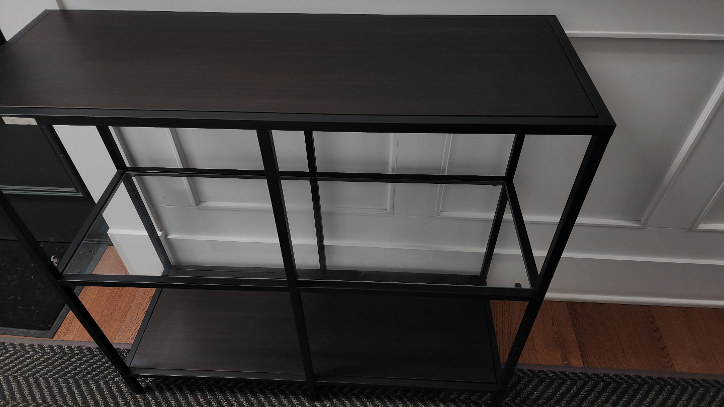shelving unit, glass middle shelf