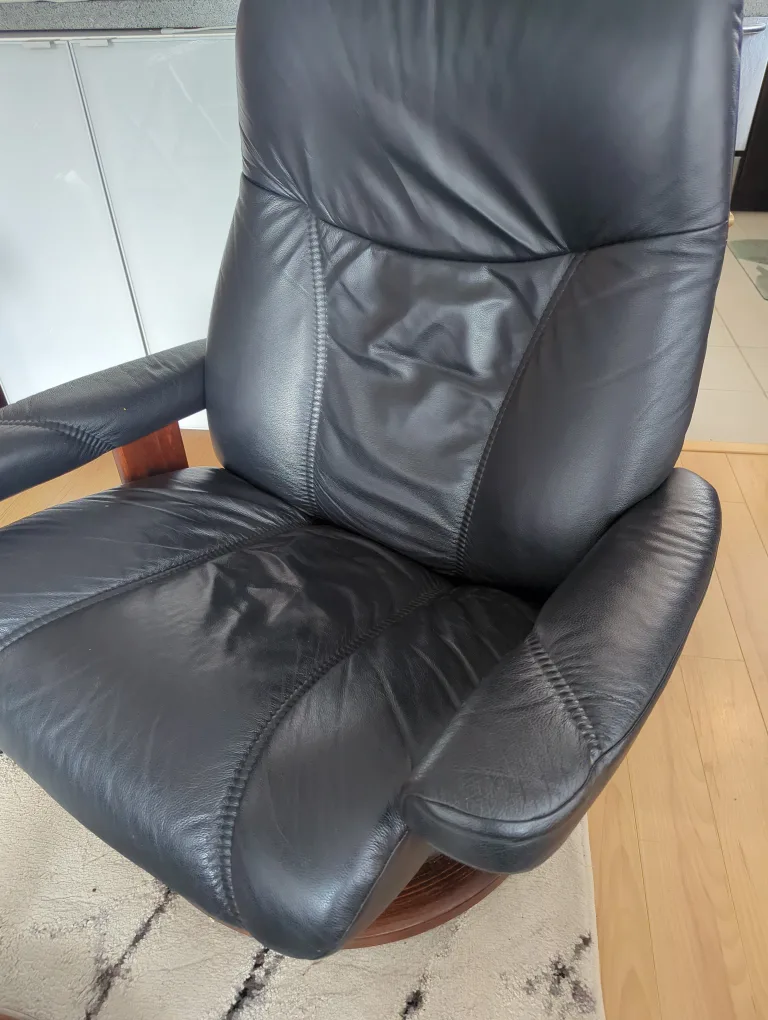 Stressless Black Leather Recliner and Ottoman thumbnail