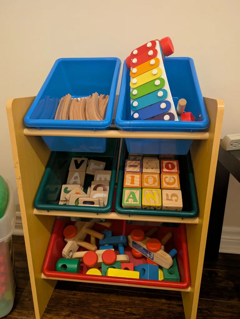 Wooden toy organizer and toy lot thumbnail