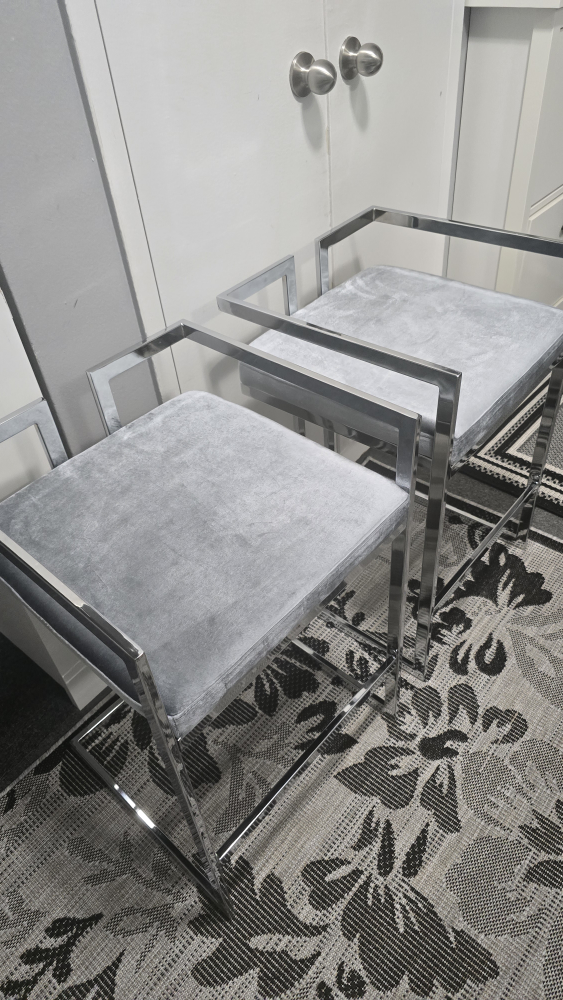 Set of 2 Silver Bar Stools - Grey Velvet - photo 2