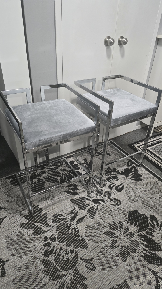 Set of 2 Silver Bar Stools - Grey Velvet