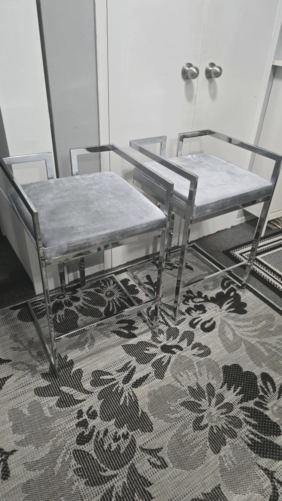 Set of 2 Silver Bar Stools - Grey Velvet thumbnail