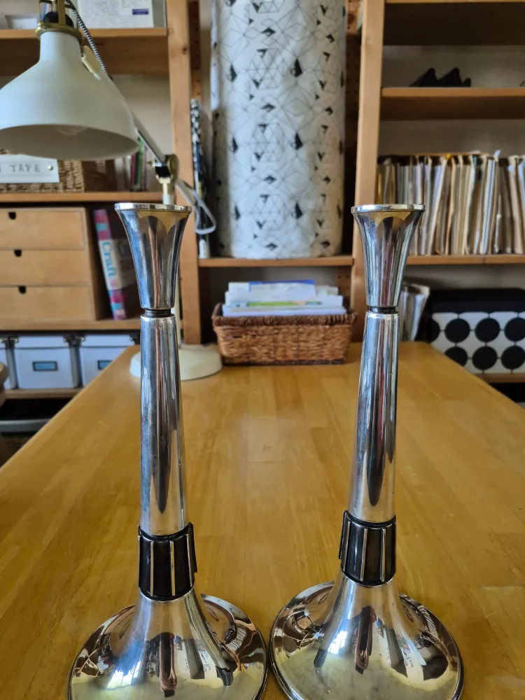 Sterling Silver Pair Tall Midcentury Modern Candlesticks (READ) image indicator(6)