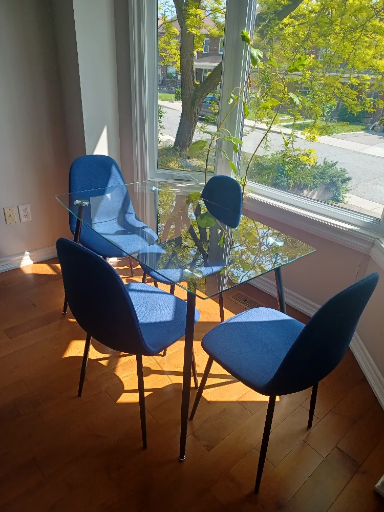 Glass Top Dining Table with 4 Blue Chairs thumbnail