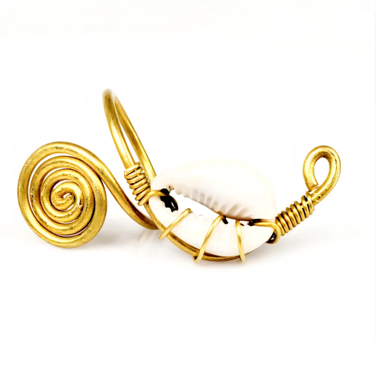 Adjustable African Ring with Cowrie Shell and Swirl Design thumbnail