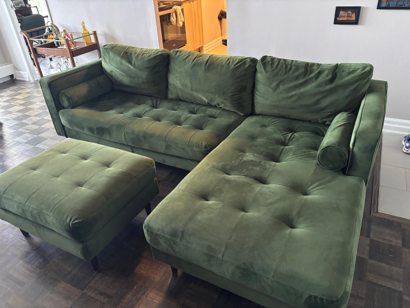 Green Velvet Sectional Sofa with Ottoman - photo 2