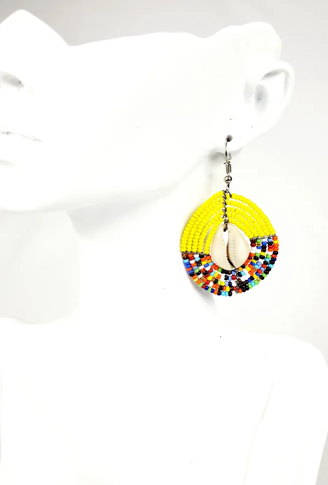 Handmade  African Beaded Yellow Earrings with Cowrie Shell thumbnail