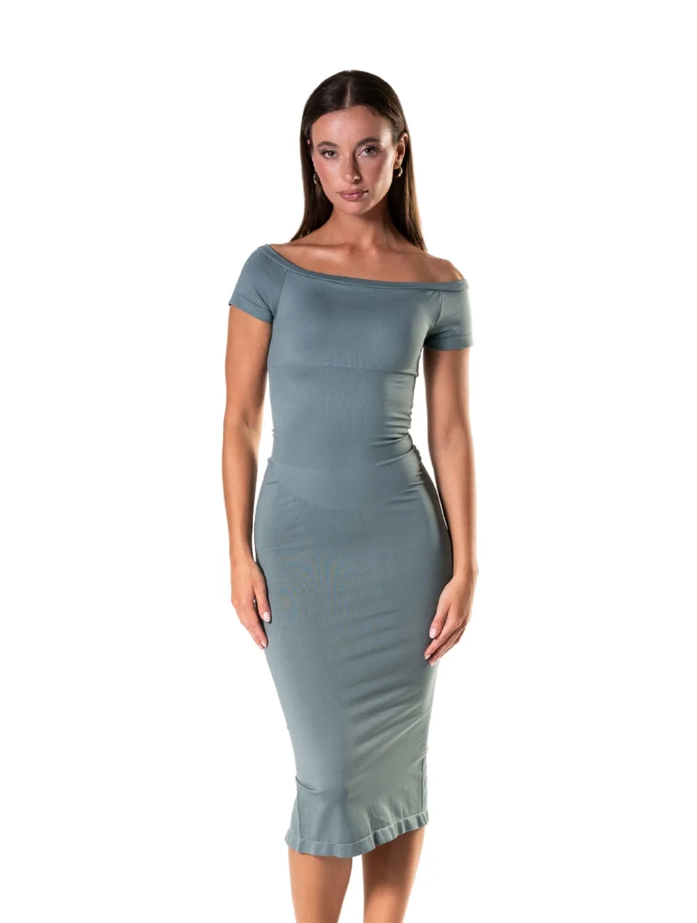 Off-the-shoulder midi dress Greenish Blue thumbnail