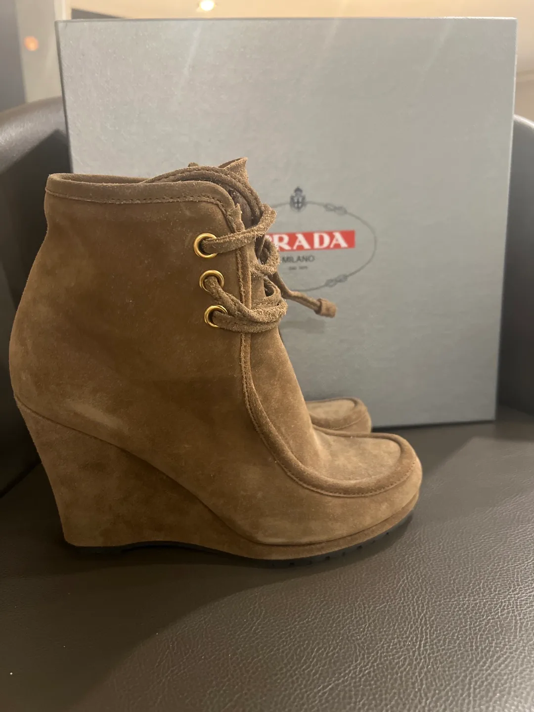 Prada Brown Suede Wedge Ankle Boots thumbnail