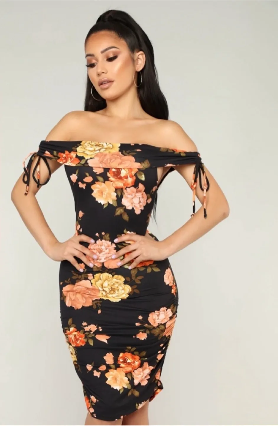 Fashion Nova Sweet Little Flower Ruched Off-the-Shoulder Dress L thumbnail