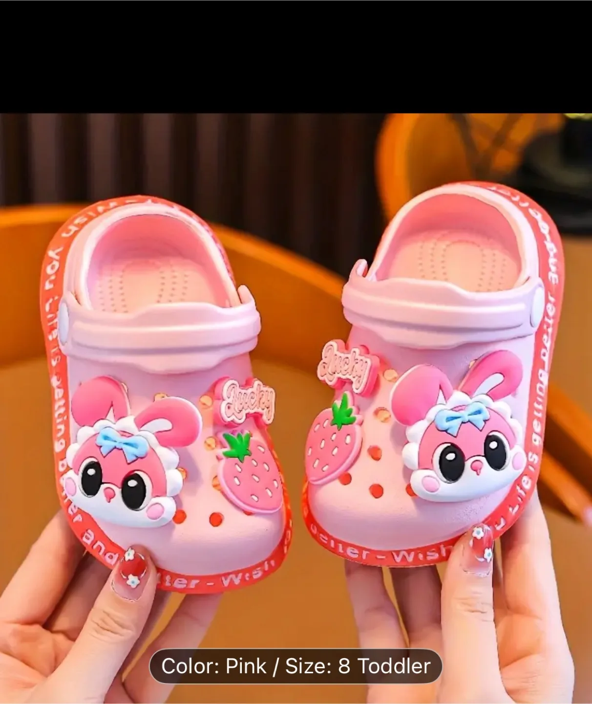 7 size Pink Toddler Clogs with Rabbit and Strawberry Details thumbnail