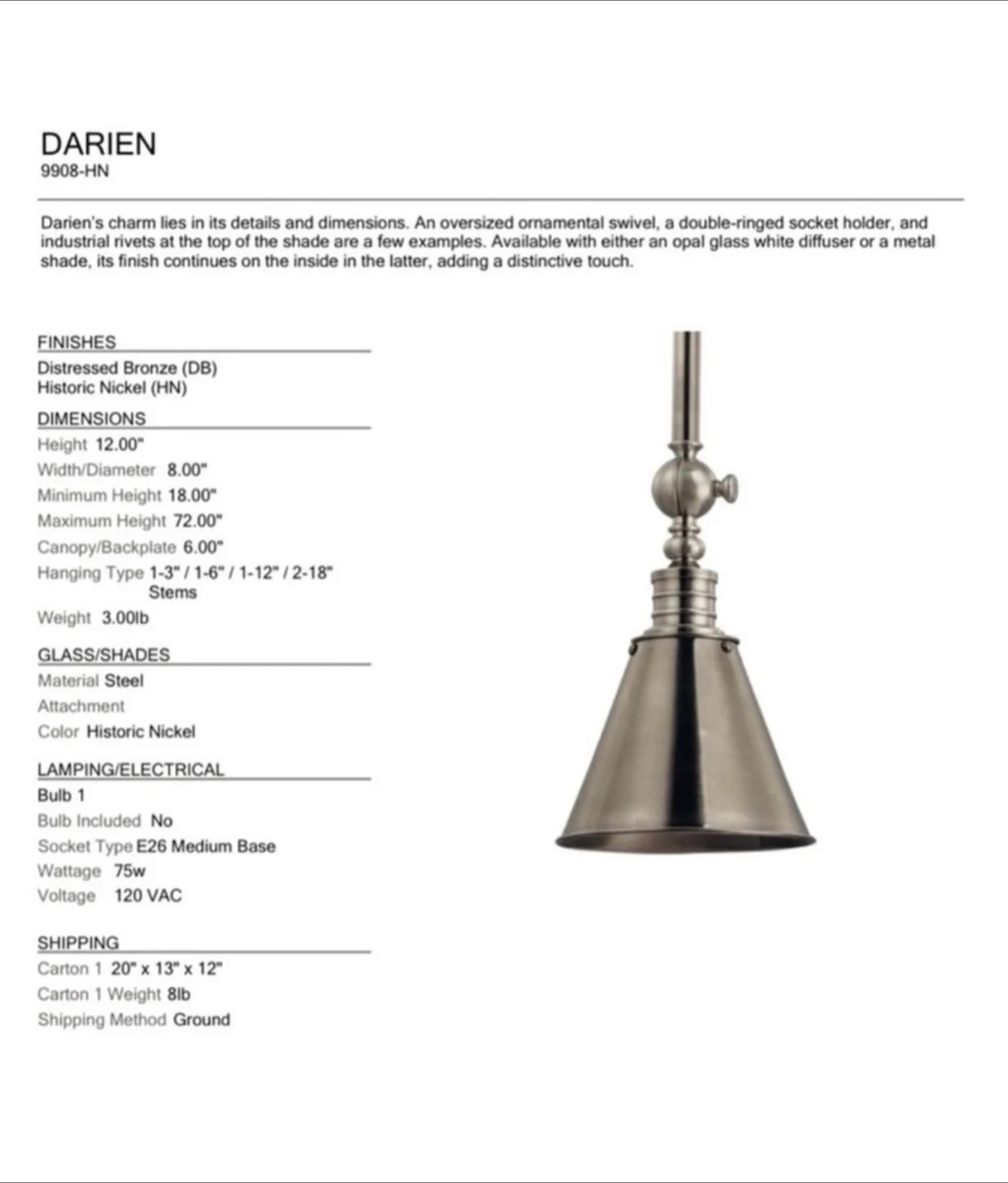 “LIKE NEW” Hudson Valley Darien Metal Shade Pendant Light image indicator(5)