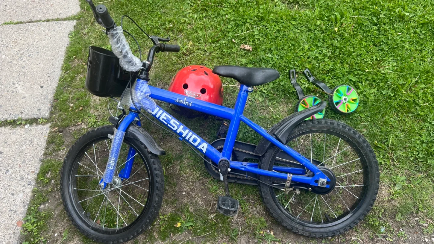 Childs Blue Bike with Training Wheels and Helmet thumbnail