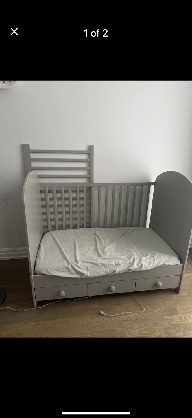 Gray Baby Crib with Drawer Storage