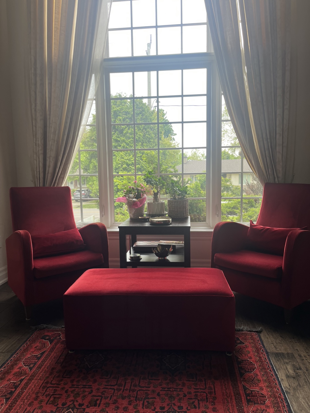 Red Armchair Set with Ottoman