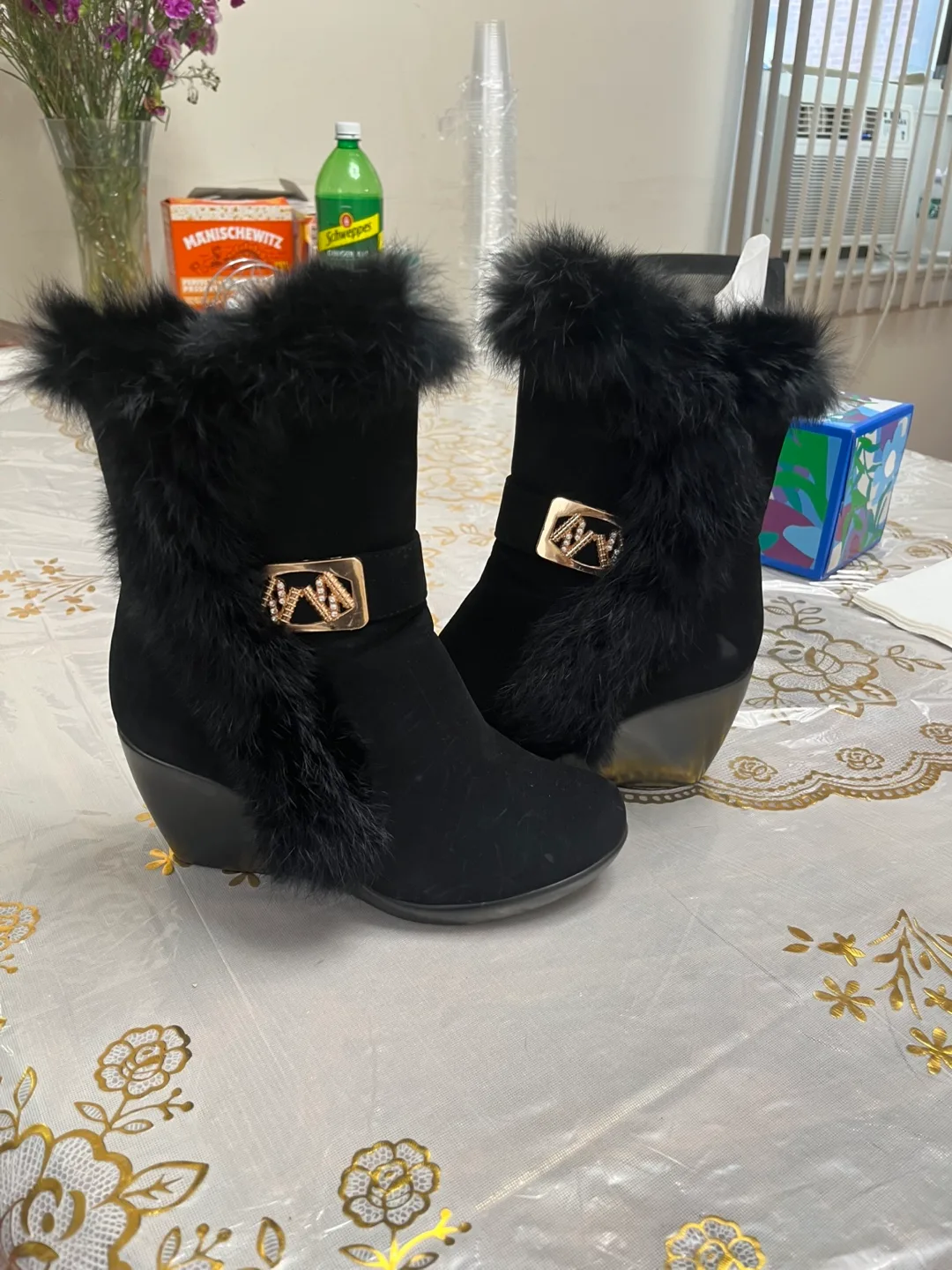 Black Furry Wedge Boots thumbnail