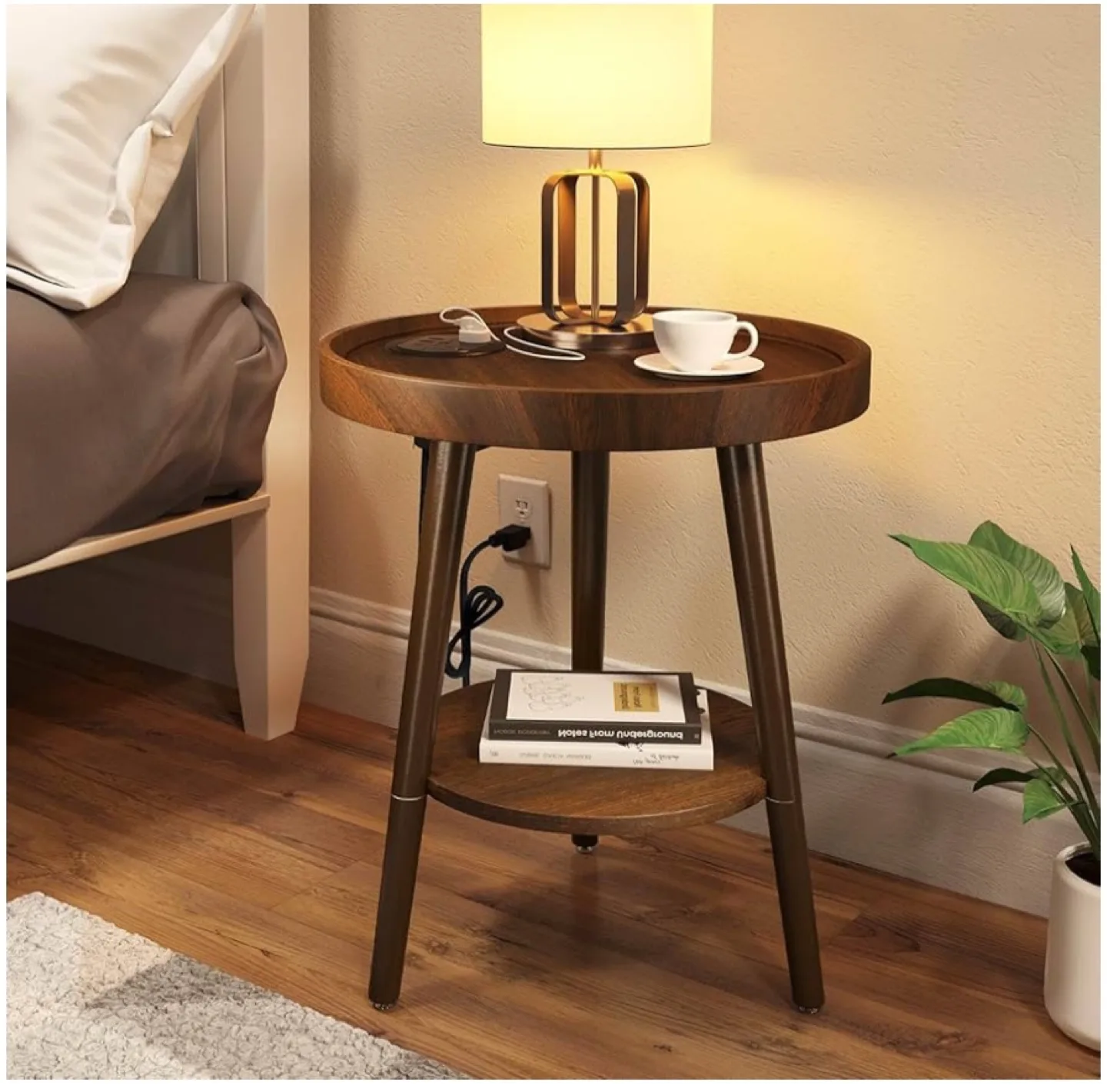 Wood-grain Side Table with Built-in Outlets thumbnail