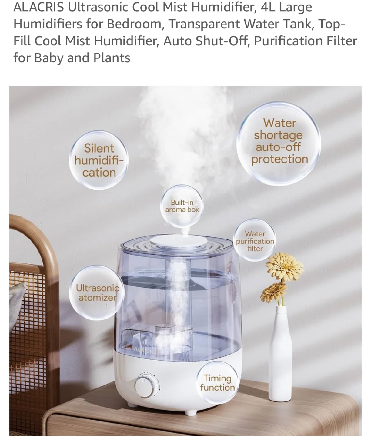 Alacris Ultrasonic Cool Mist Humidifier 4L 30 HR image indicator(4)