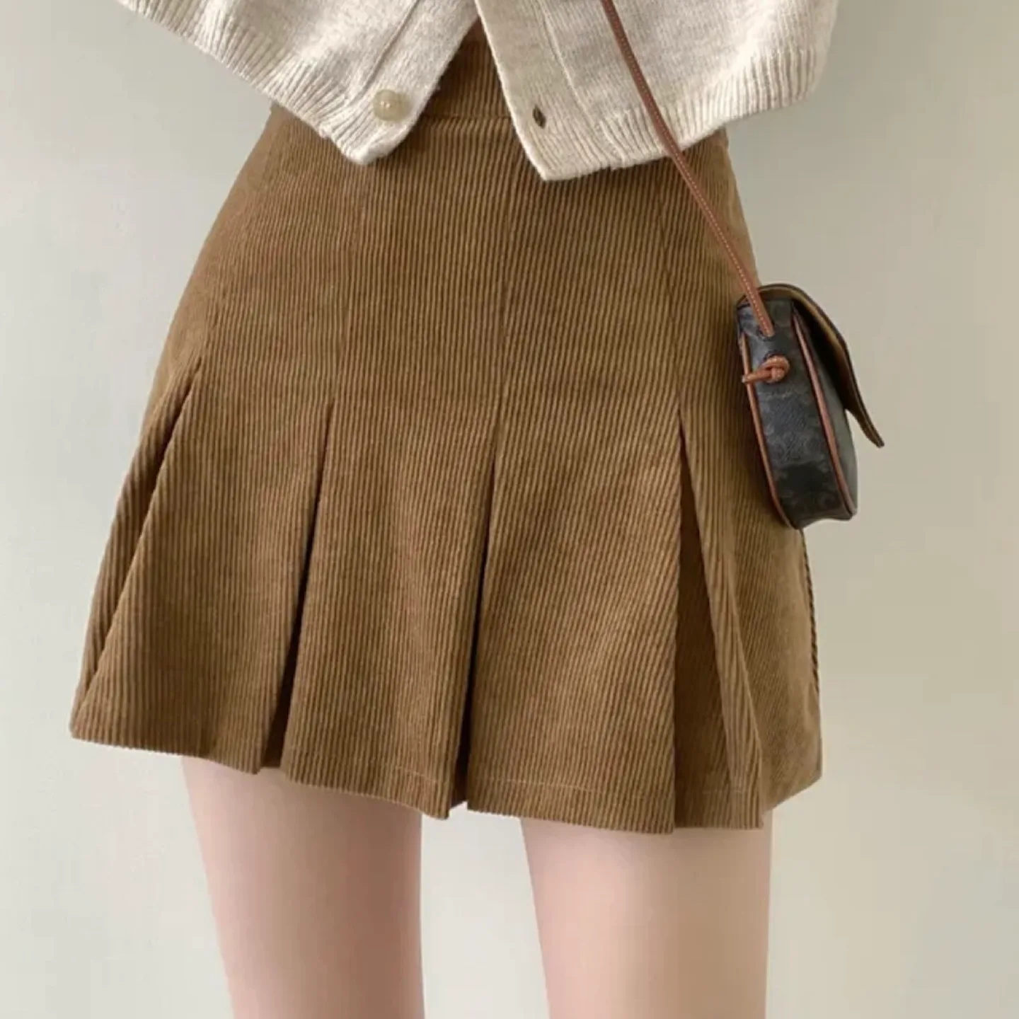 Brown corduroy pleated skirt thumbnail