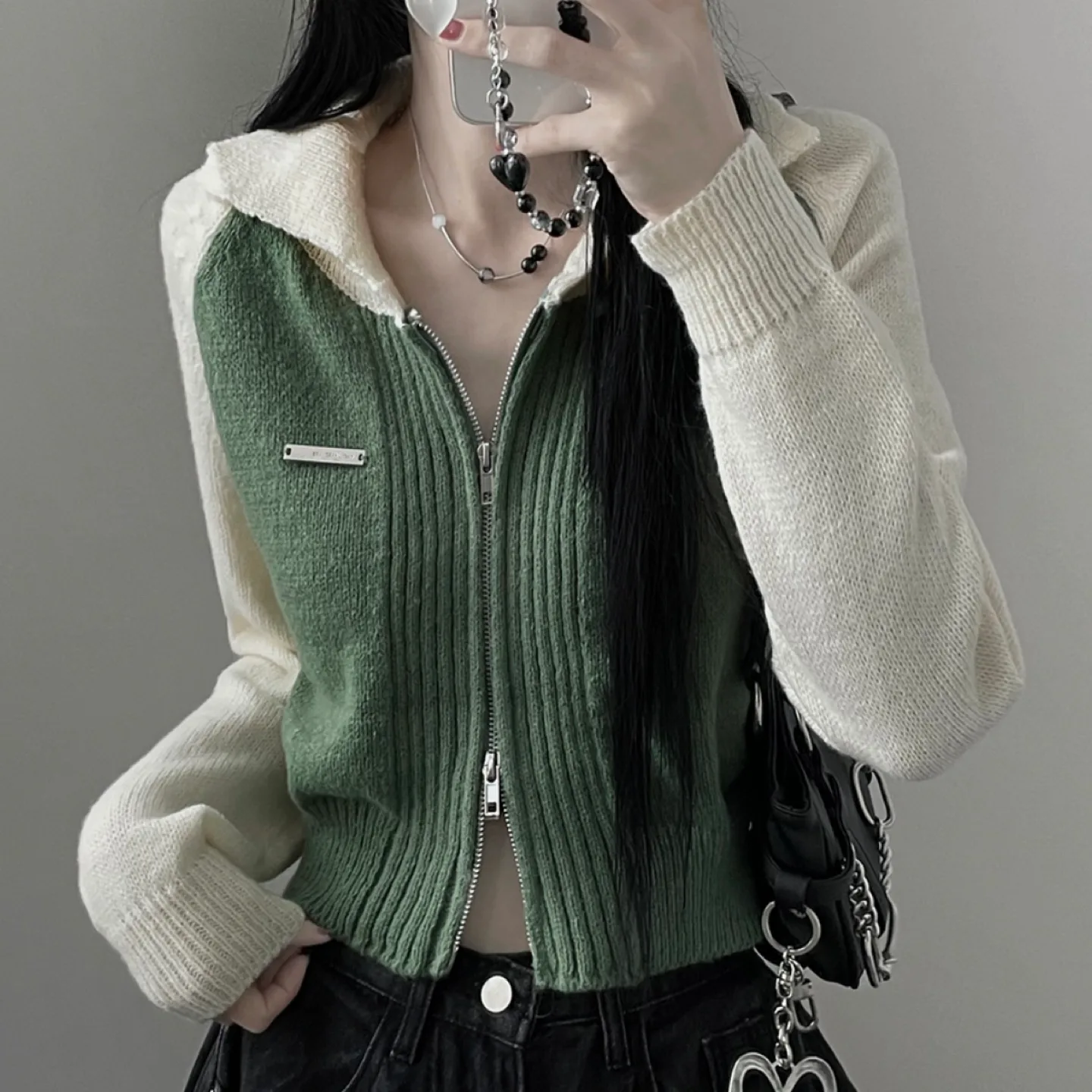 Two-tone zip-up cardigan thumbnail