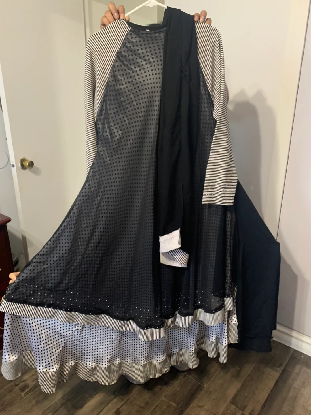 Black Polka Dot Dress with Striped Sleeves image indicator(2)