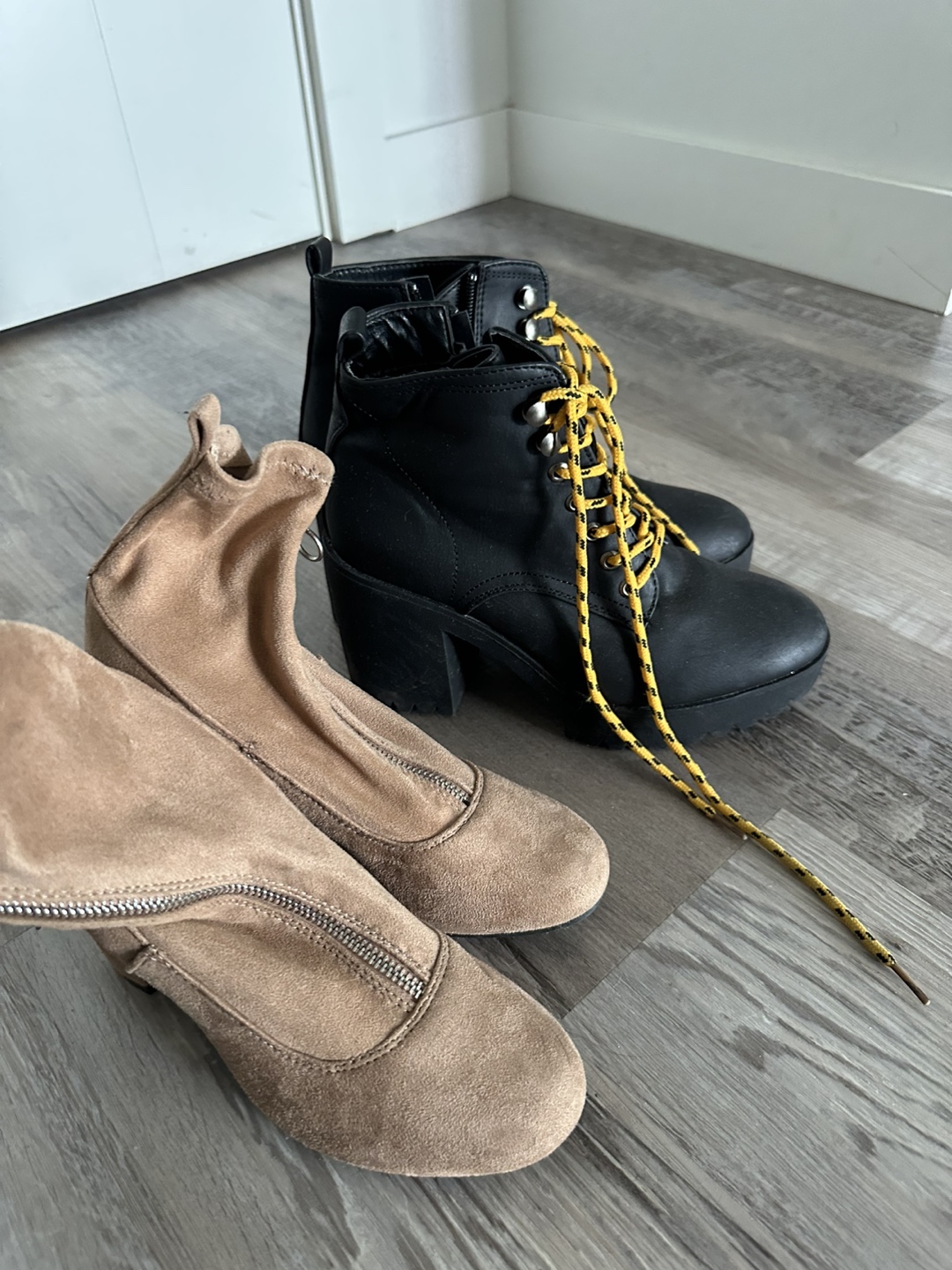 Black Platform Boots with Hiking Laces & Tan Suede Boots
