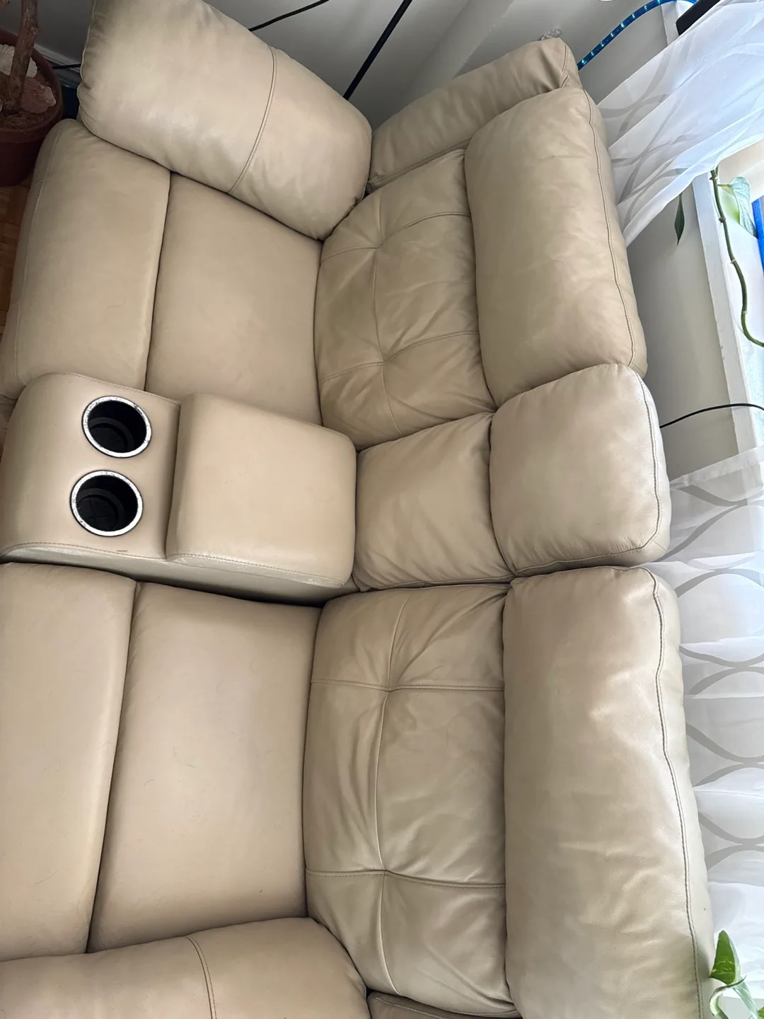 Beige Leather Reclining Couch image indicator(3)