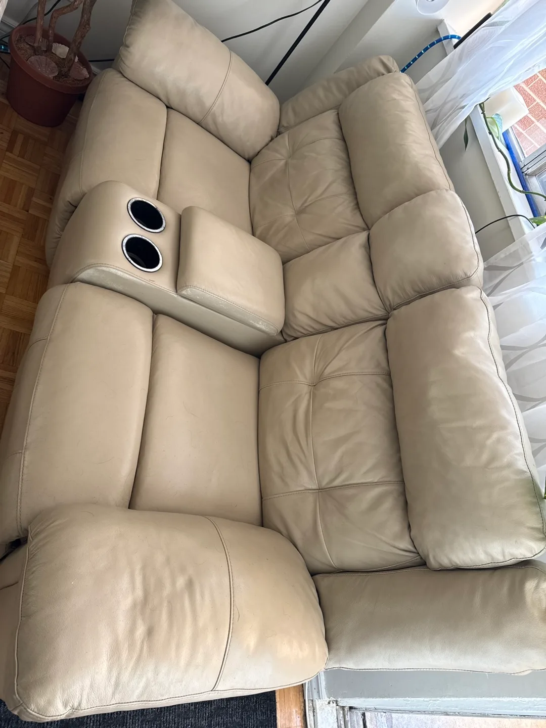 Beige Leather Reclining Couch image indicator(2)