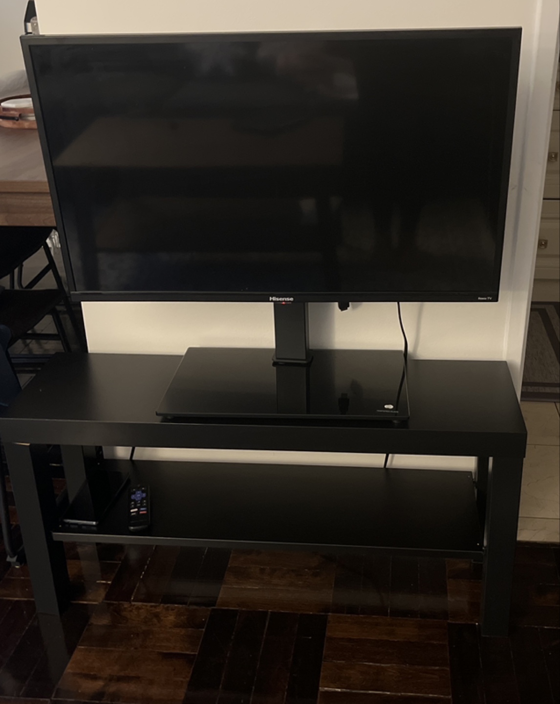 Black TV Stand and 32” Hisense TV
