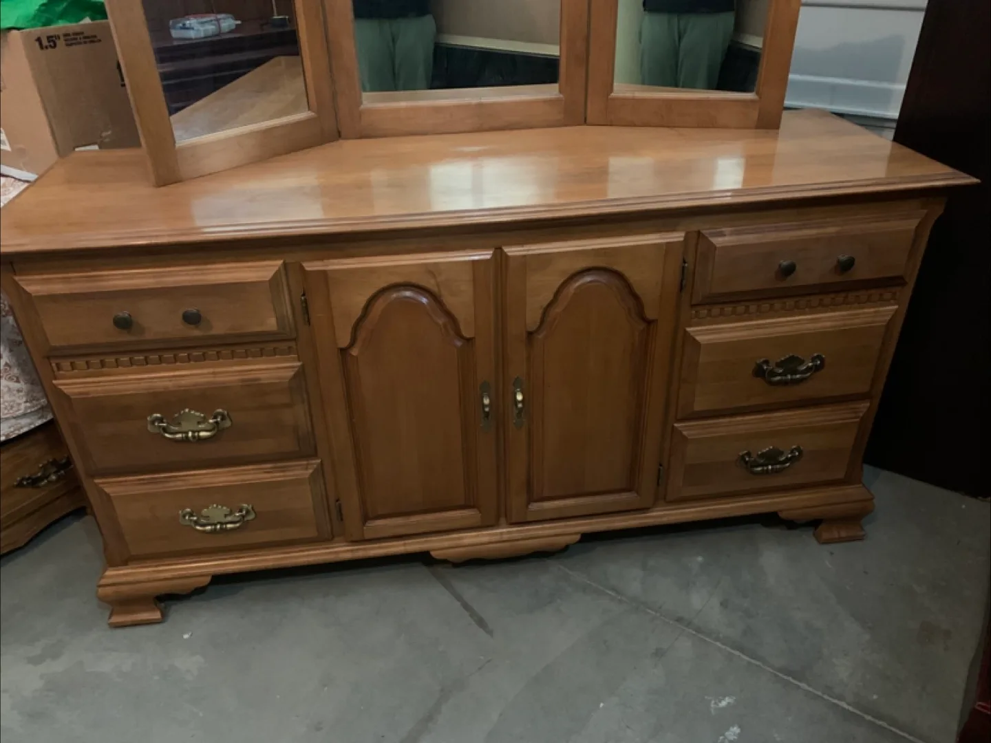 Wooden dresser on wheels with mirror thumbnail