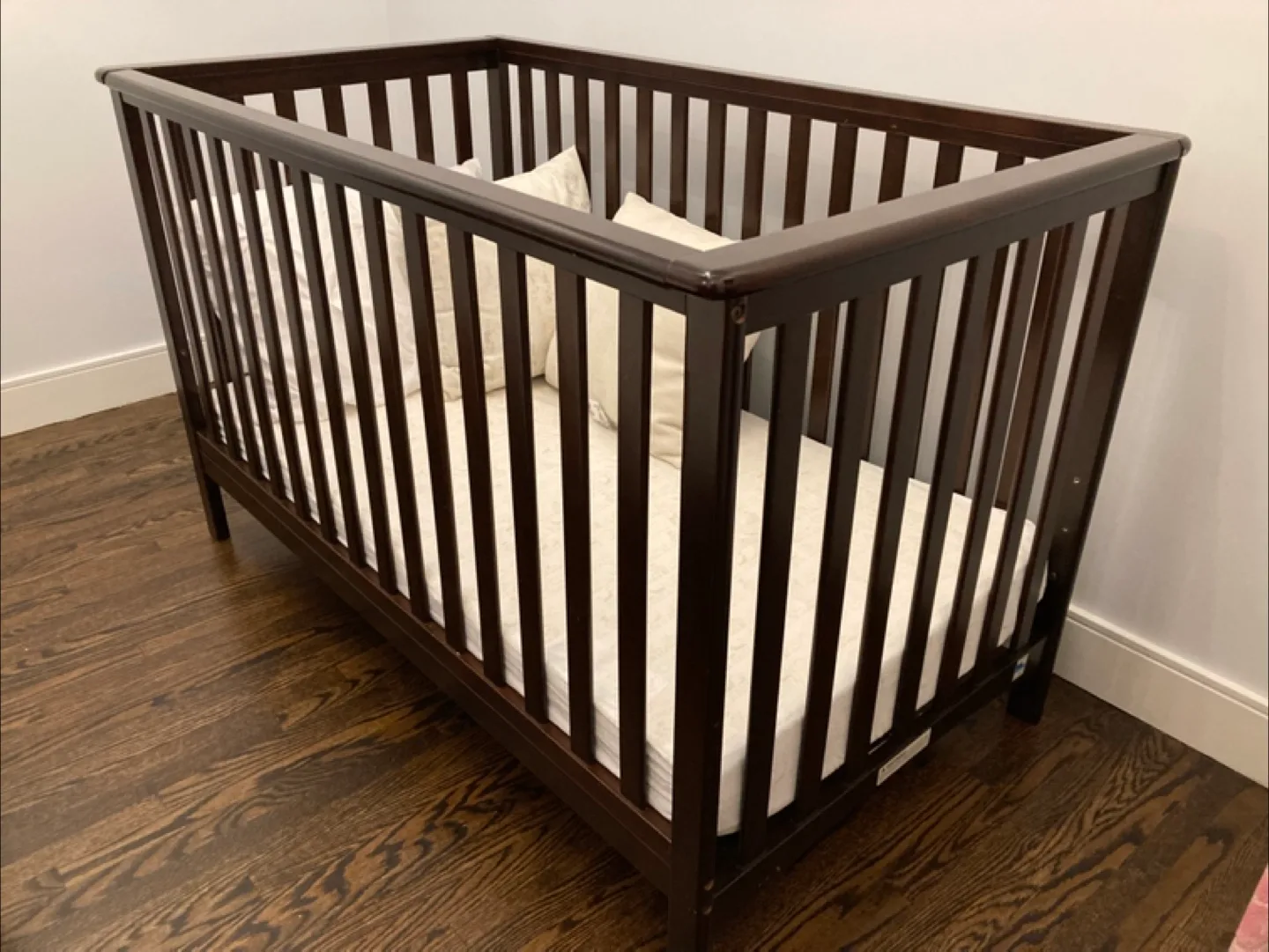 Dark Wood Baby Crib and mattress thumbnail