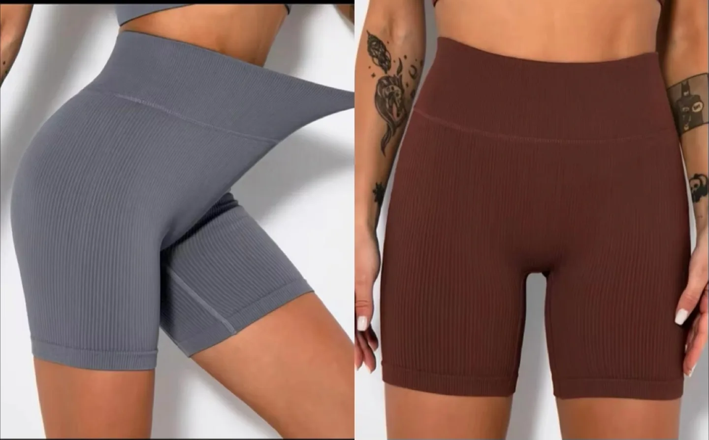 Grey & Brown High-Waisted biker Ribbed Shorts NEW thumbnail
